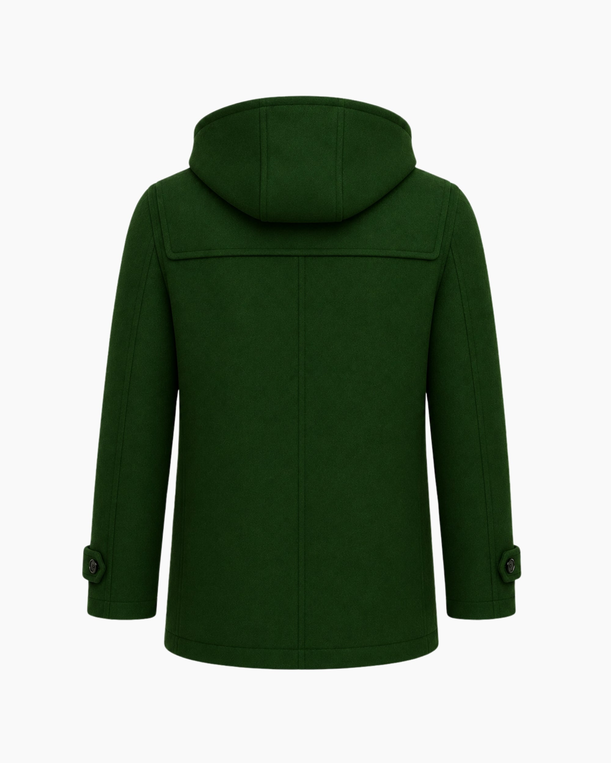 Studio product shot of the back of the men's green wool duffle coat, detailing the reinforced shoulder yoke and center back seam.