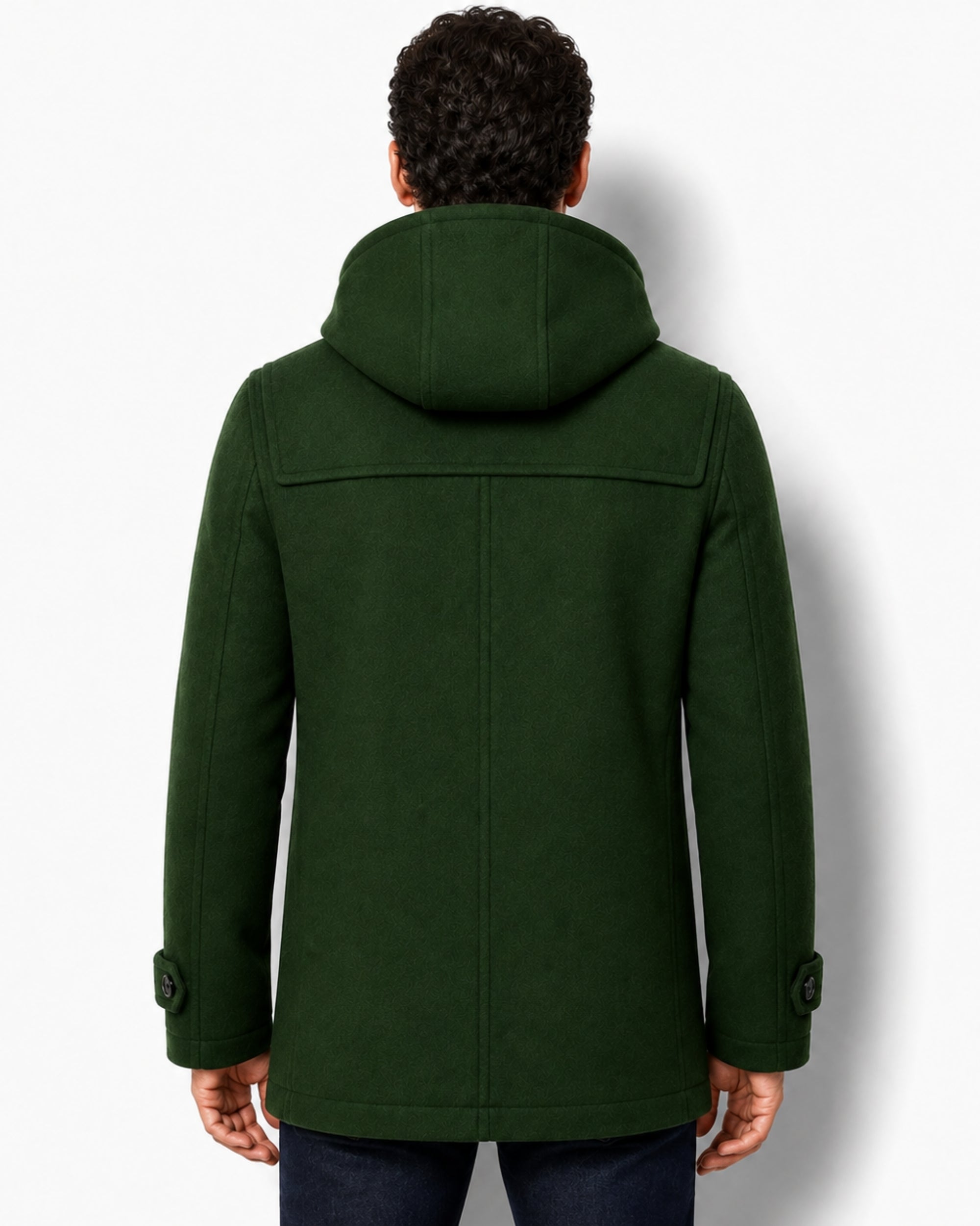 Back view of the men's forest green winter duffle coat, showing the tailored fit, back yoke, and relaxed hood drape.