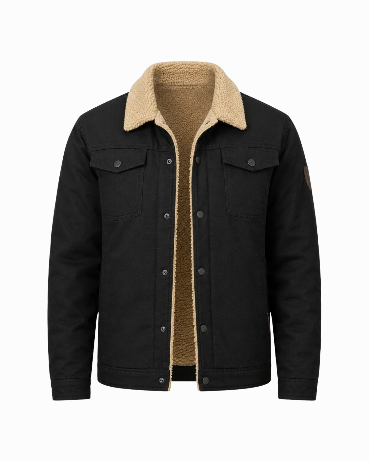 Front view of unbuttoned men's black winter jacket revealing the dense, beige thermal sherpa interior lining and internal construction.