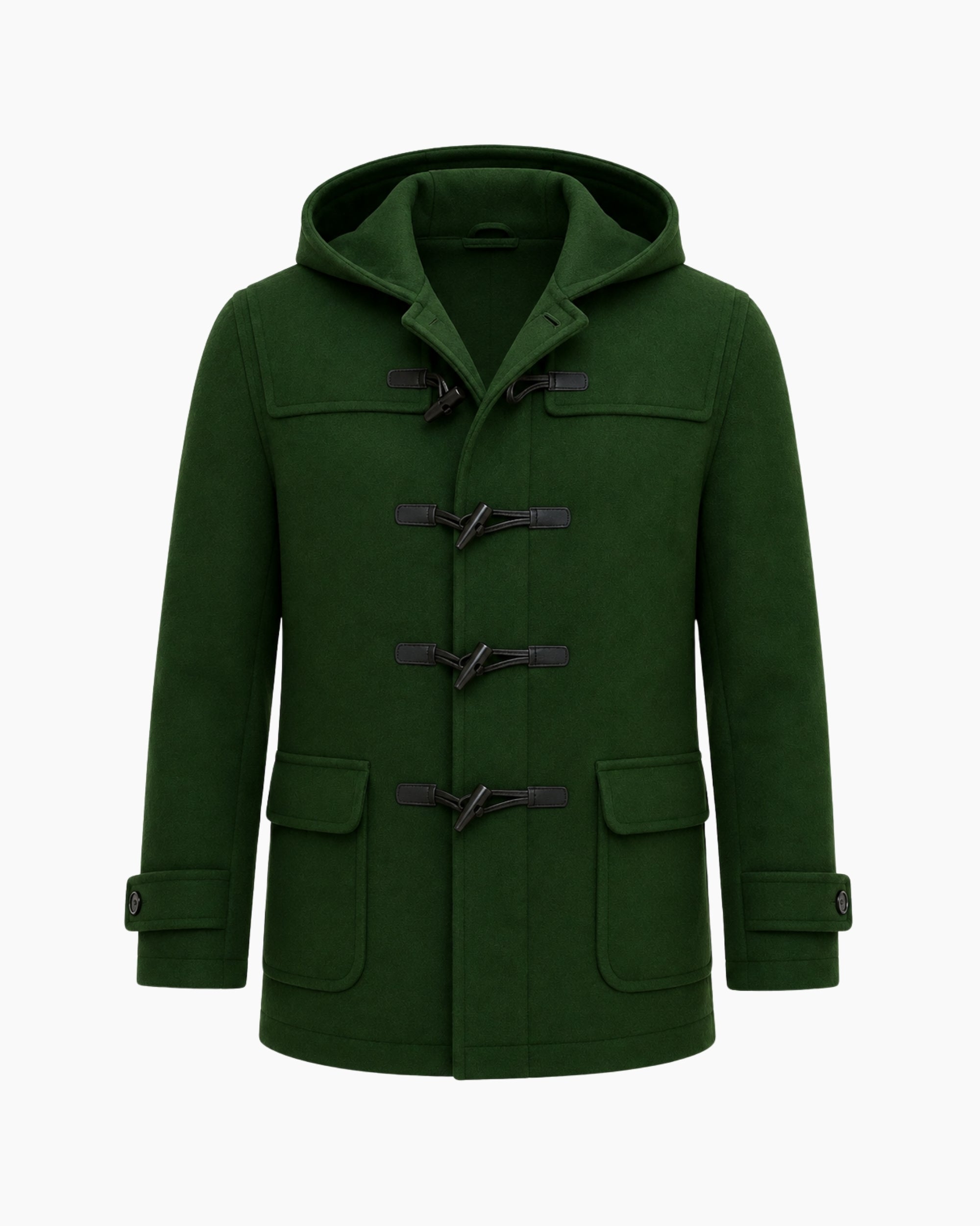 Studio product shot of the men's forest green wool duffle coat featuring four front toggle closures and large patch pockets.