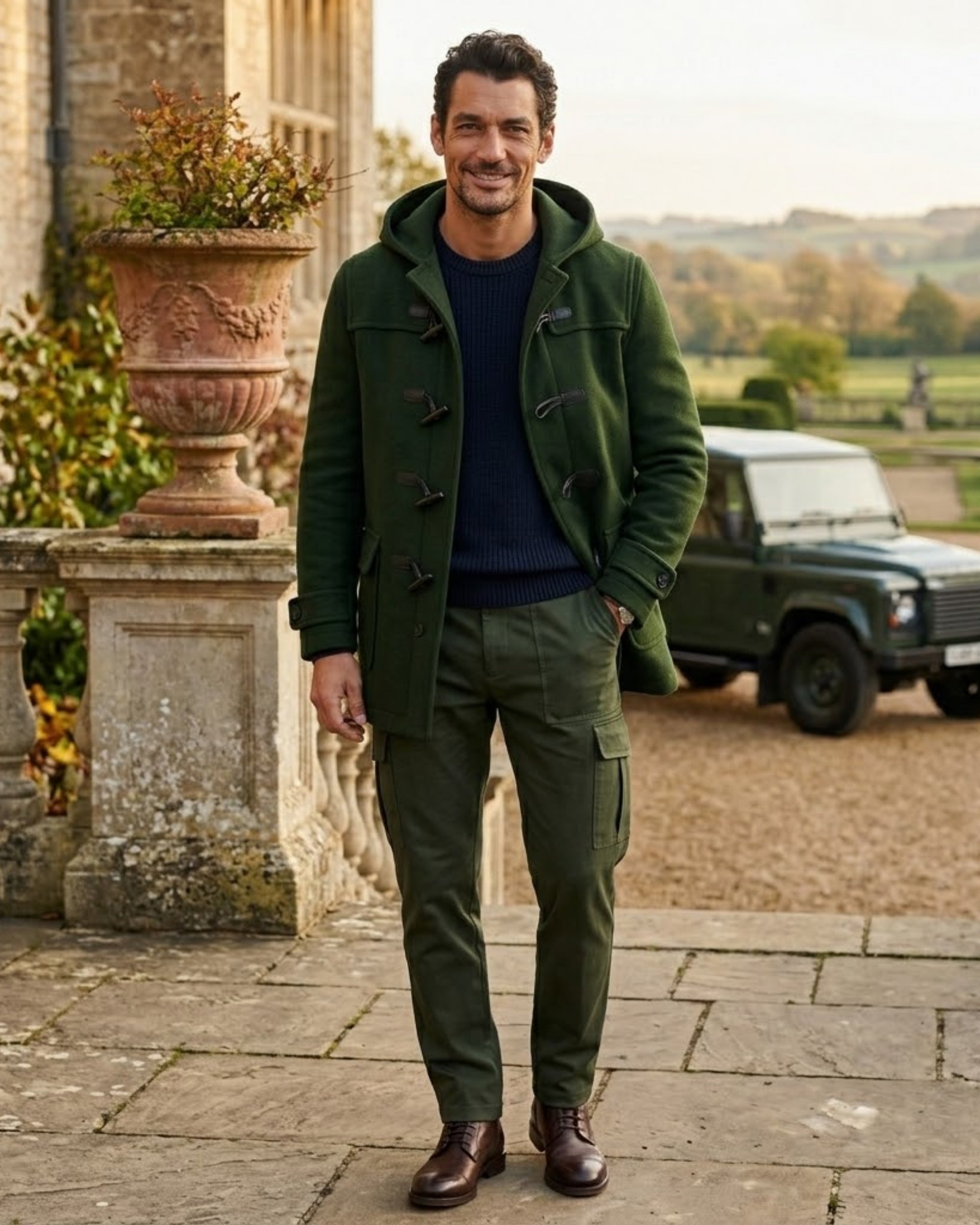 Man modeling the forest green hooded duffle coat outdoors, styled with a navy sweater and green cargo pants for a luxury countryside aesthetic.