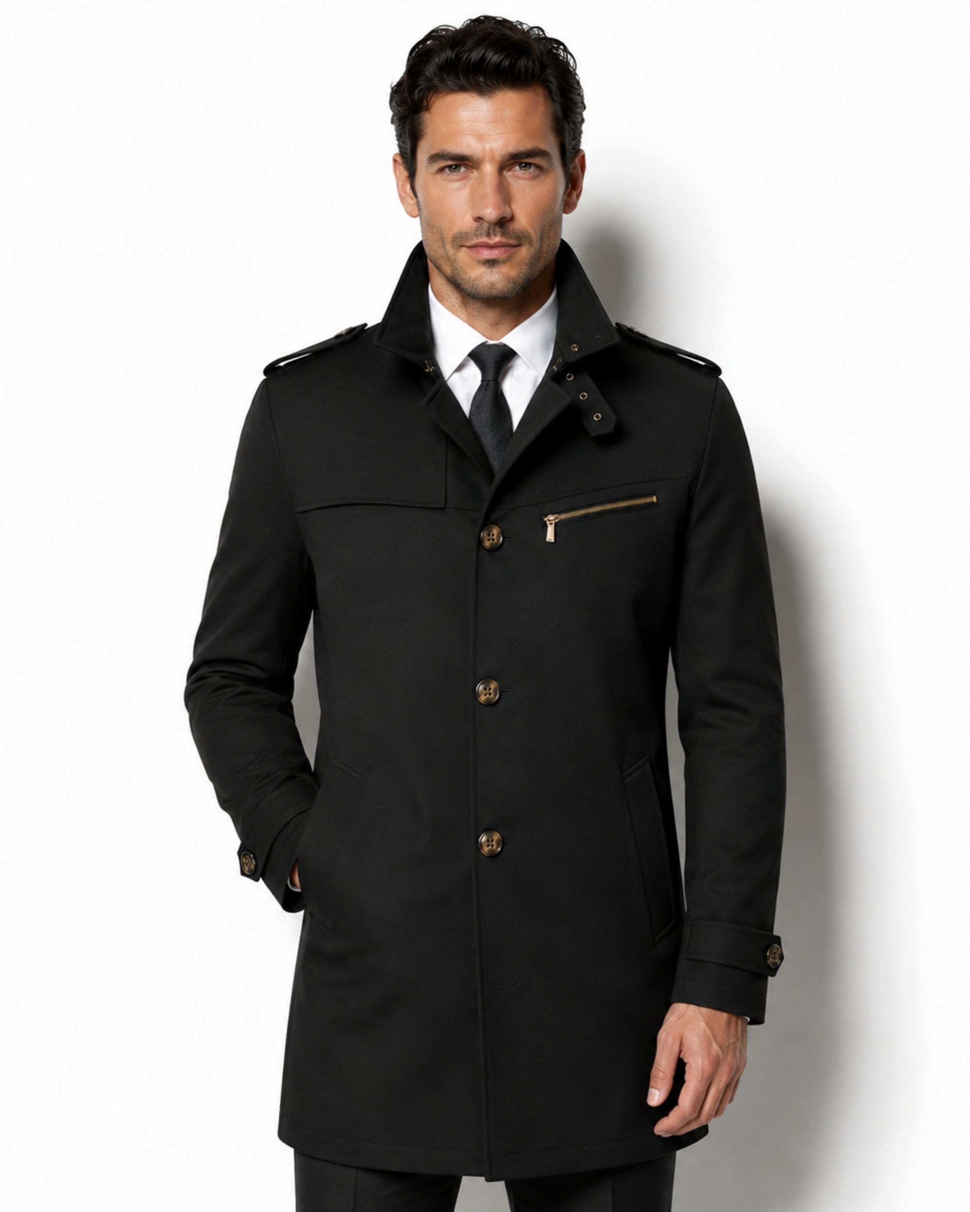Man wearing a men's trench coat slim fit luxury overcoat with stand collar, tortoiseshell buttons, and gold chest zipper detail in a city setting.